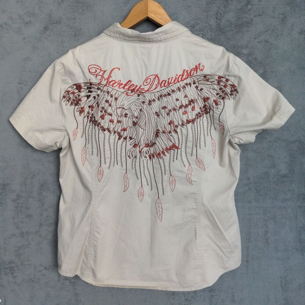 Harley Davidson Zip Up Shirt Womens XL Beige Full Feather Embroidery Moto